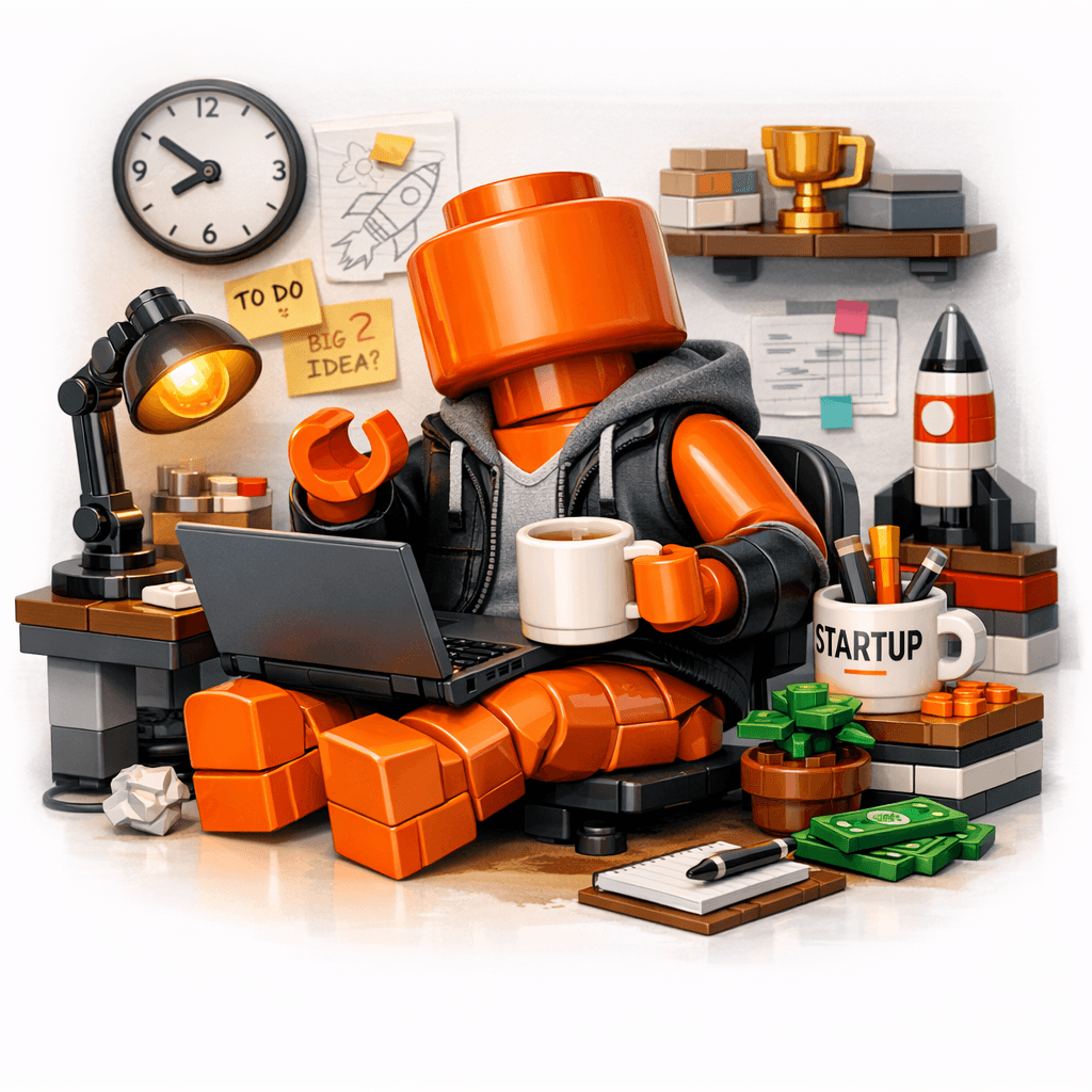Solo founder at a desk with laptop, coffee, and LEGO-style workspace